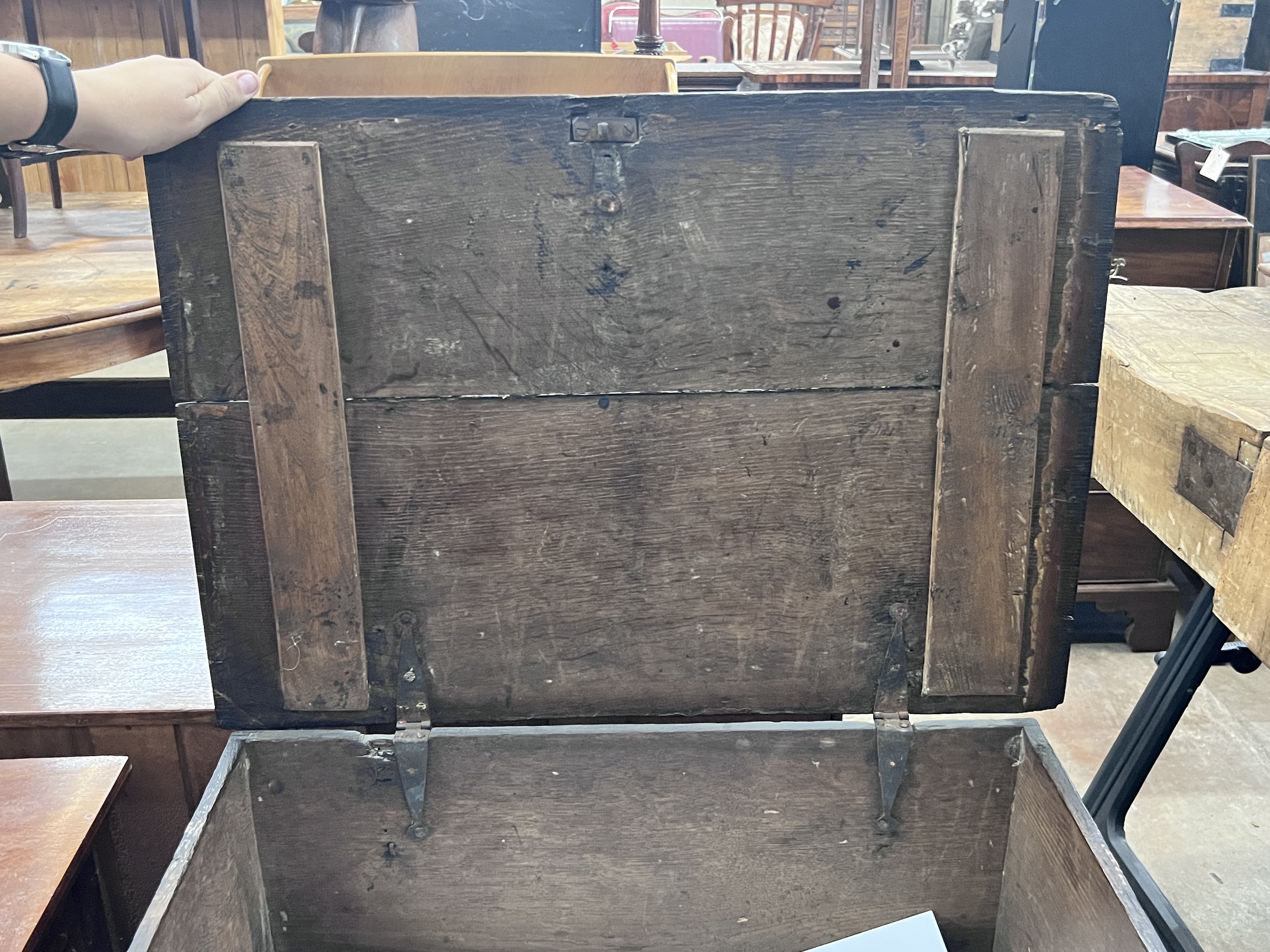 A 17th century style oak bible box on associated stand, width 68cm, depth 49cm, height 80cm